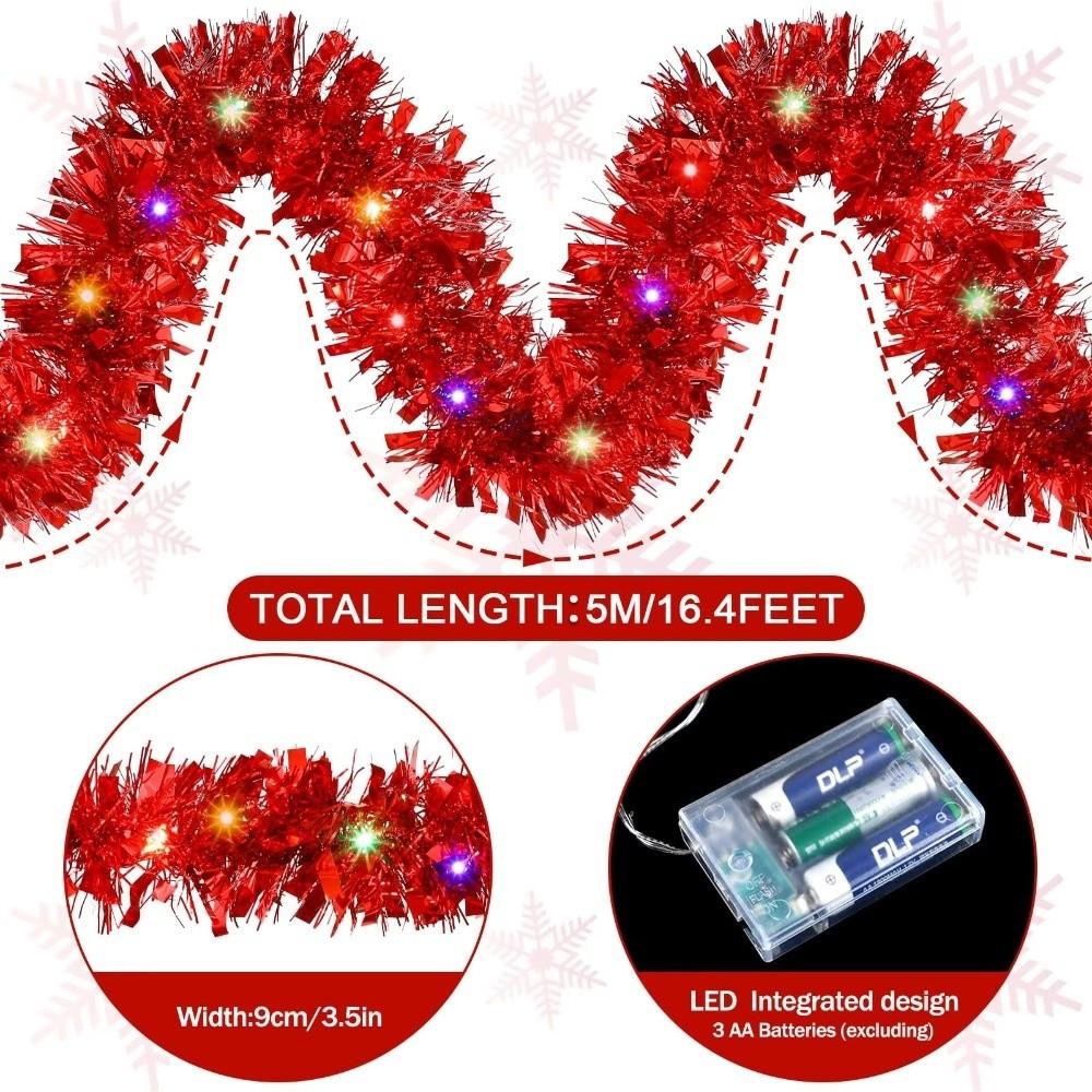 5M Christmas Tinsel Garland Decorations New Year's Durable Color Strip with Light Festive Decor Indoor/Outdoor