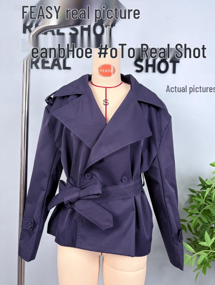 European and American Style Women's Solid Color Belted Short Jacket Windbreaker.