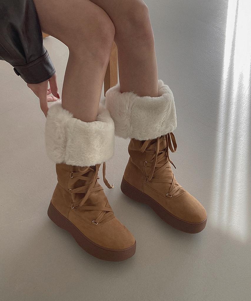 Moodnple Rorobi Warm Suede Long Lace Fur Boots 4Cm 2 Colors