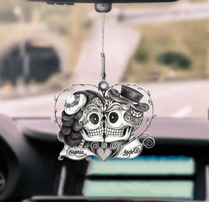 2d Acrylic Heart Couple Skull Car Pendant For Halloween And Decoration Christmas