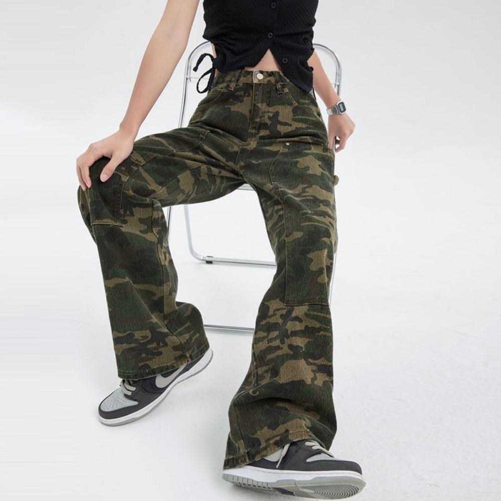 Camouflage Straight Jeans Women's Summer Retro Hiphop Sweet and Spicy Street Tooling Wide-leg Mopping Trousers Tide