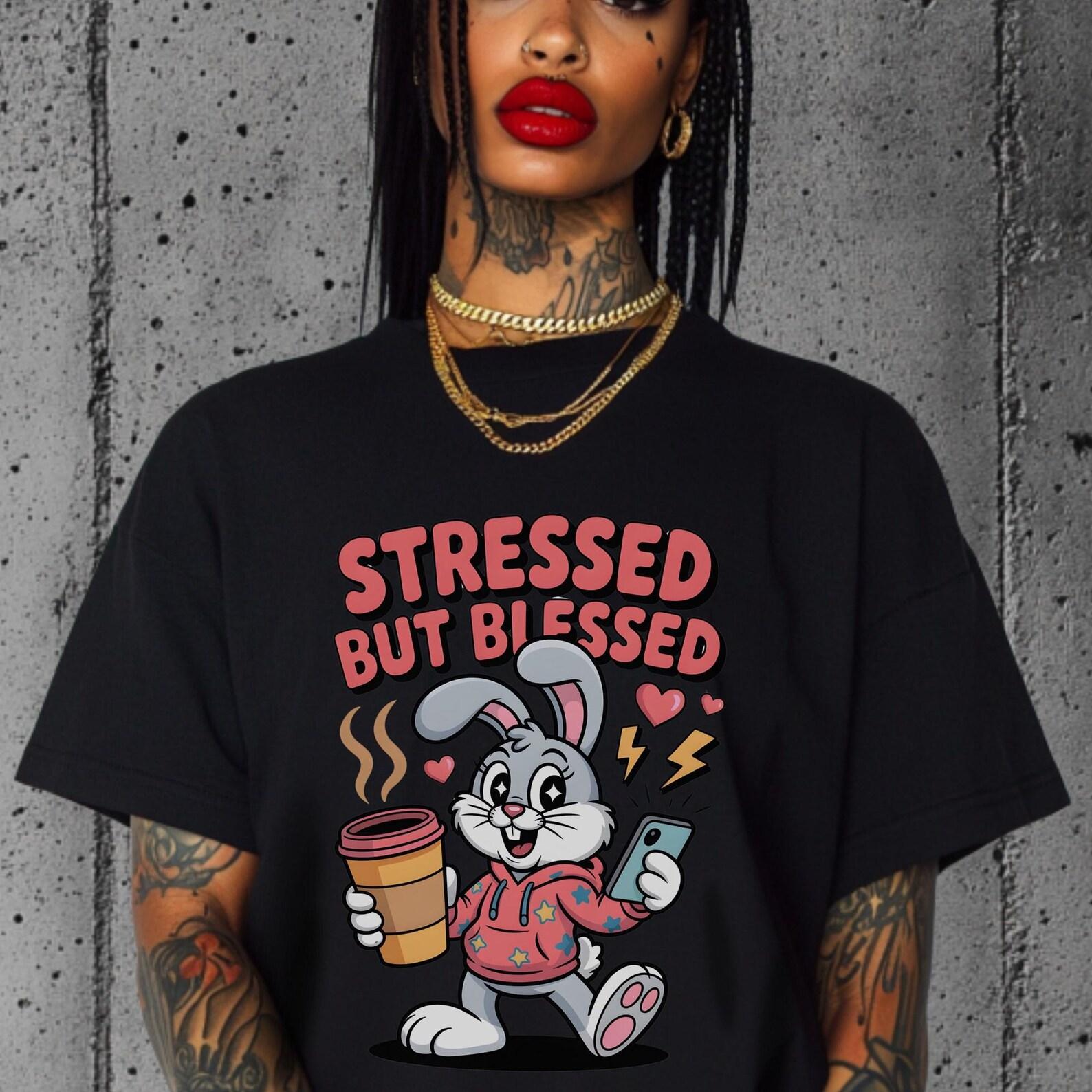 Cute Coffee Bunny T-Shirt – Stressed But Blessed Kawaii Tee 3XL