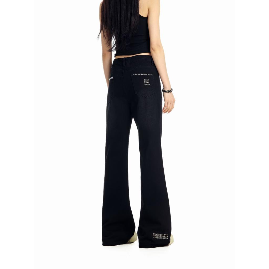Low waist black slim fit straight rivet jeans American retro autumn pants micro-flared trousers mopping pants cotton