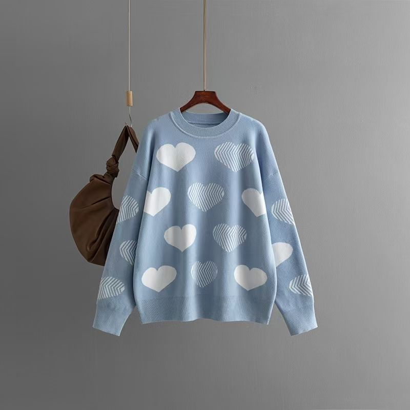 

Western Style New Love Jacquard Knit Loose Sweater Heart-Shaped Knited Sweater Blue All yards