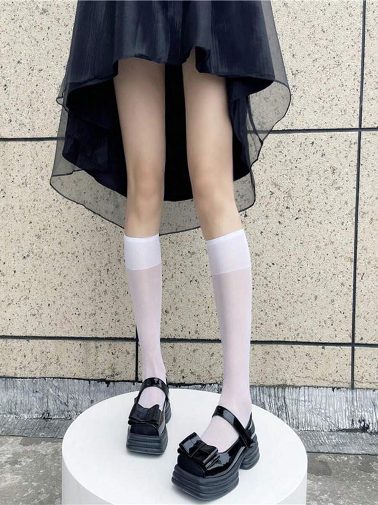 4 Pairs Black White Semi Transparent Nylon Socks Classic Versatile Suitable Daily Wear They Comfortable Breathable Casual Socks