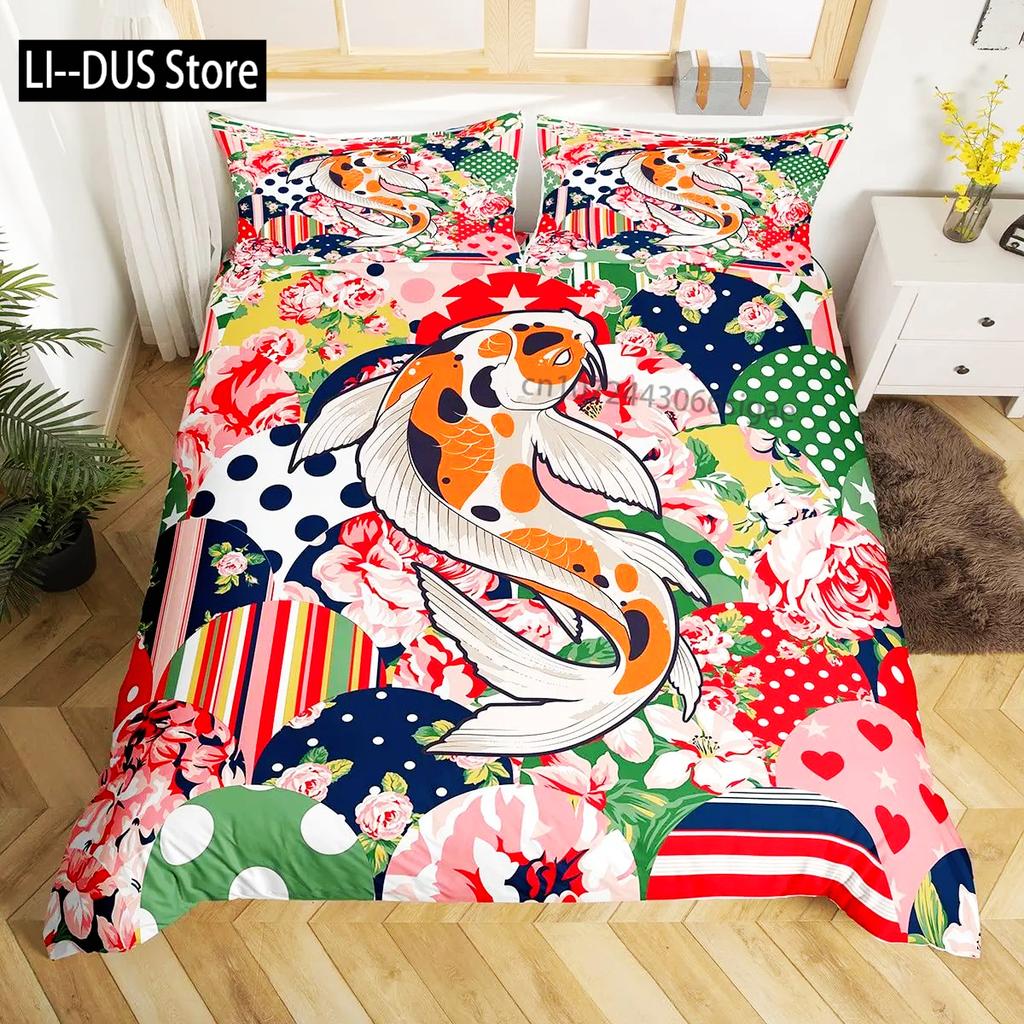 Koi Fish Duvet Cover Set Japanese Painting Style Decor 2/3 Piece Bedding Set With Pillow Shams Queen Full Size Black White