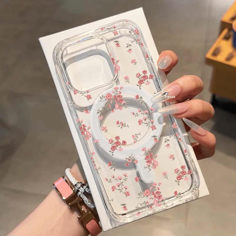 Small Pink Floral Clear Magnetic Phone Case For iPhone 11 12 13 14 15 16 17 Pro Max Plus 16E XR X XS Max 7 8 16 Plus  Hard Cover