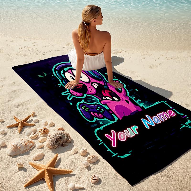 1PC Custom Name Gamer's Neon Adventure Beach Towel Highly Absorbent And Sand-Resistant Towel for Swimming, Pool, Yoga, And Travel Lightweight