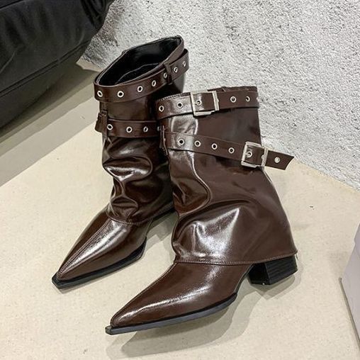 

2025 осень и зима новая модель остроносые ботильоны на толстом каблуке женские гигантские красивые короткие ботинки плиссированные ботинки на высоком каблуке ретро вестерн 42