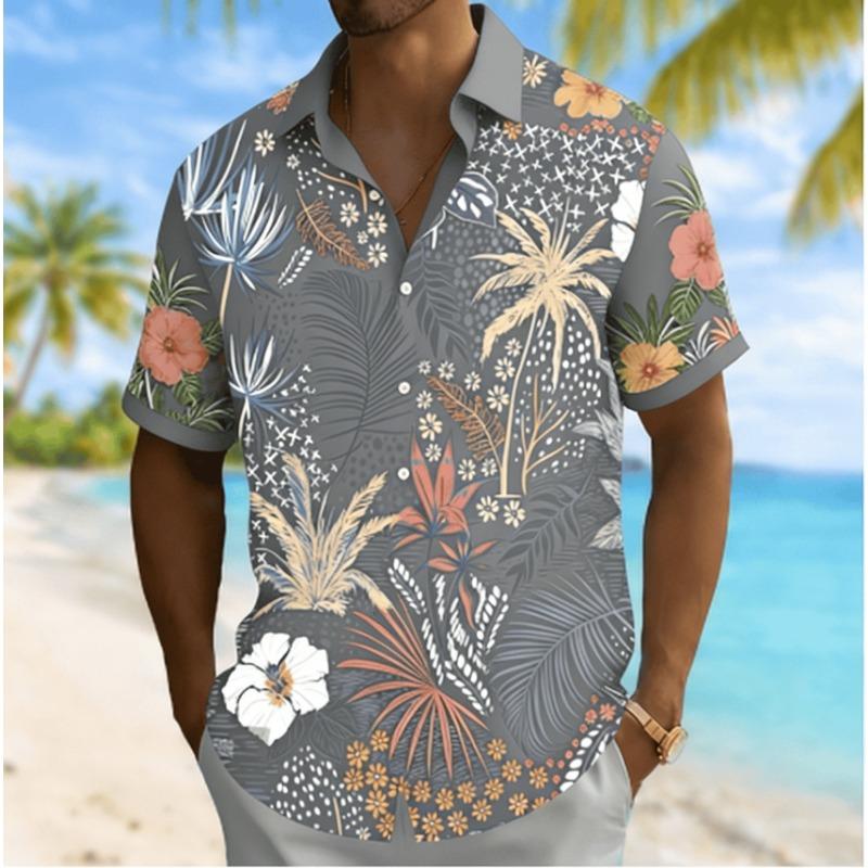 Men's Tropical Floral Print Short Sleeve Shirt, Spring Summer Beach Vacation Casual Top