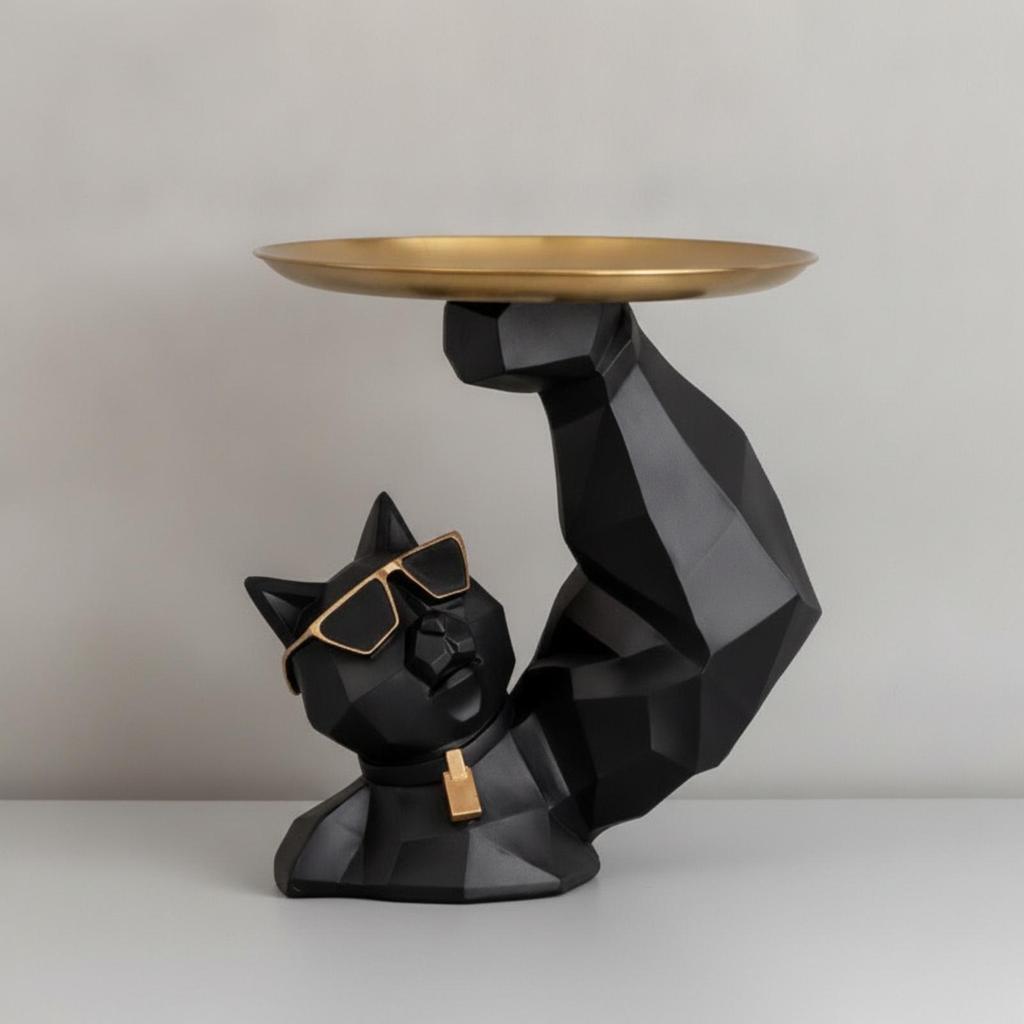 Cat Statue with Metal Tray Geometric Modern for Living Room
