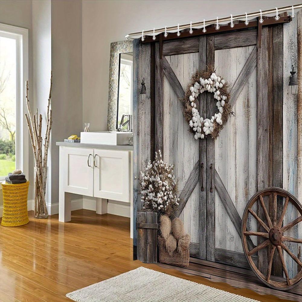 Rustic Barn Door Shower Curtain - Hydrangeas, Wreath & Wagon Wheel Design, Vintage Country Style, Polyester