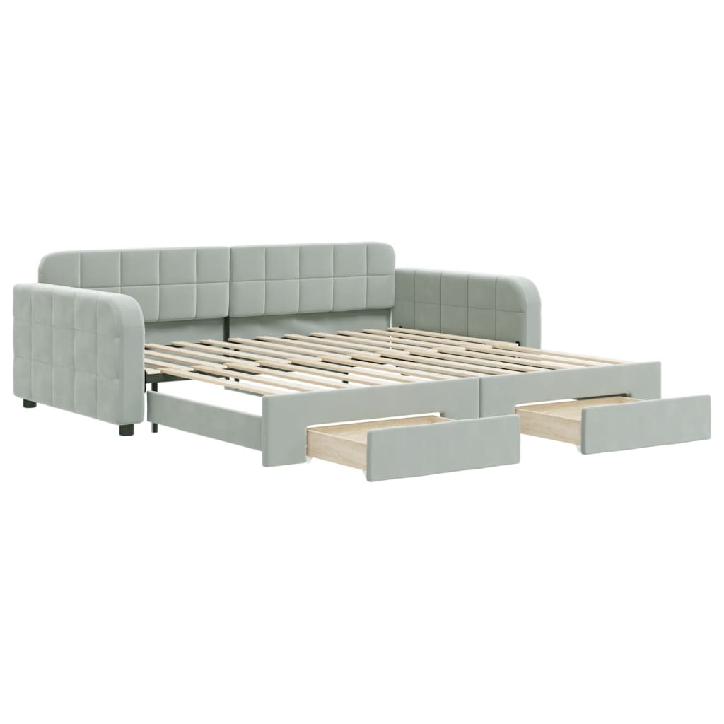 Pull Out Daybed with Drawers Light Grey 100 X 200 Cm Velvet