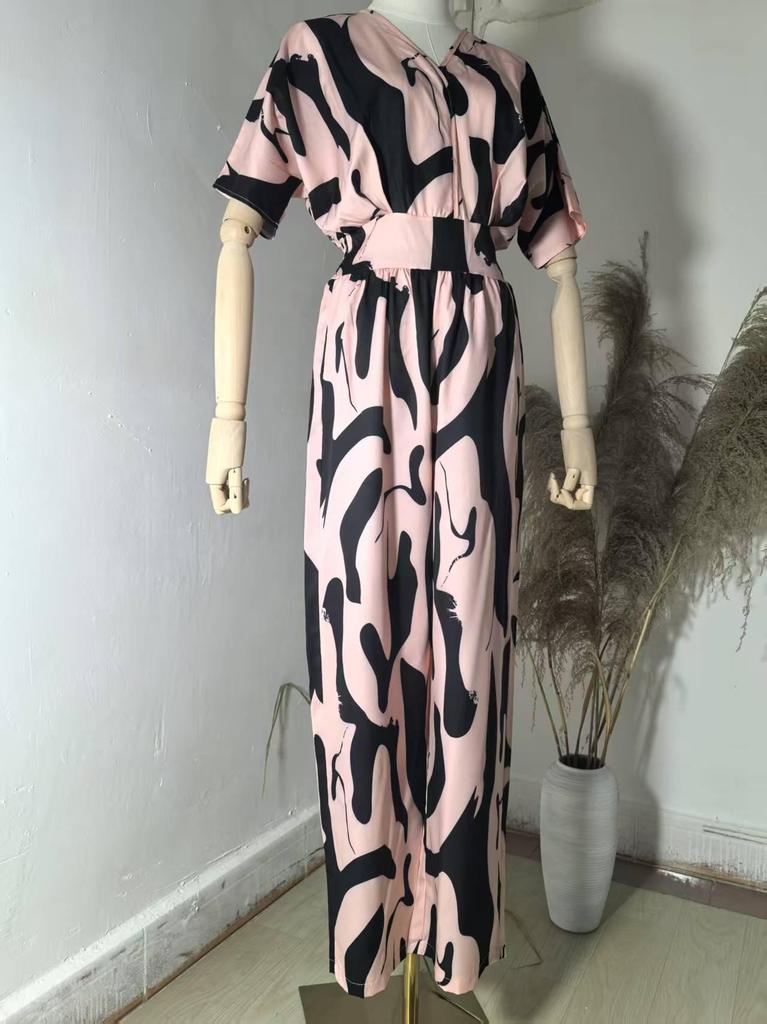 European & American Women's Full Print Batwing Sleeve Wide Leg Jumpsuit - Fashionable & Versatile