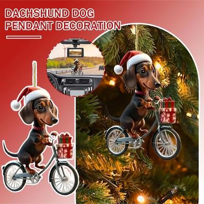 Christmas Tree Ornaments Lifelike Puppy Riding Bicycle Pendant 2D Flat Double-Printed Acrylic Hanging Decoration for Tree Home Decor