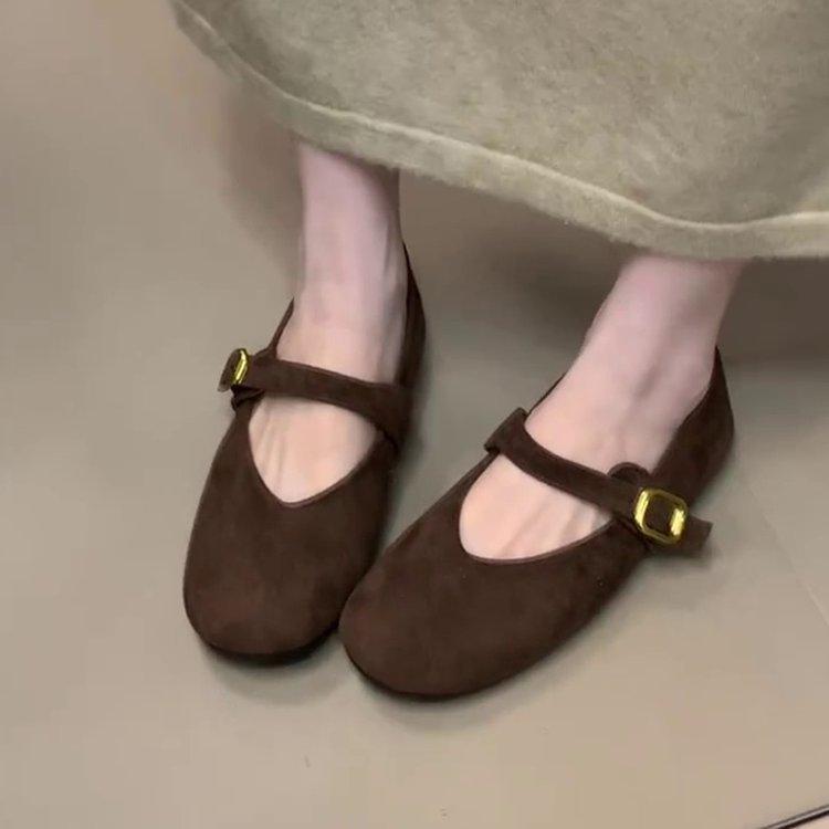 

Версия из мягкой кожи~ Французские ретро замшевые туфли Мэри Джейн женские новые с ремешком на одной пряжке на плоской подошве с круглым носком балетки 39