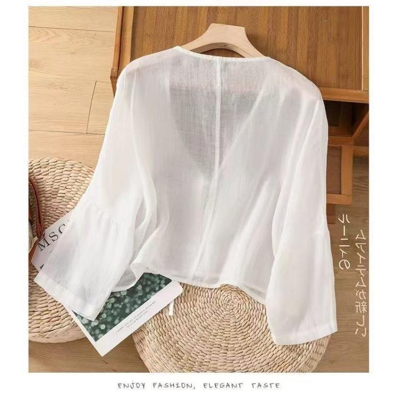 Camisa Top Casual de Verão Fina Cor Sólida Estilo Chinês com Cadarço
