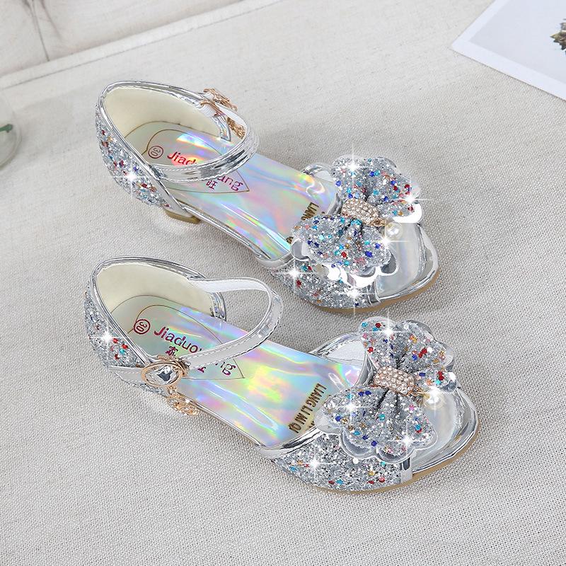 Children Princess Sandals Kids Girls Wedding Shoes High Heels Dress Shoes Bowtie Purple Pink Blue Silver Shoes For Girls