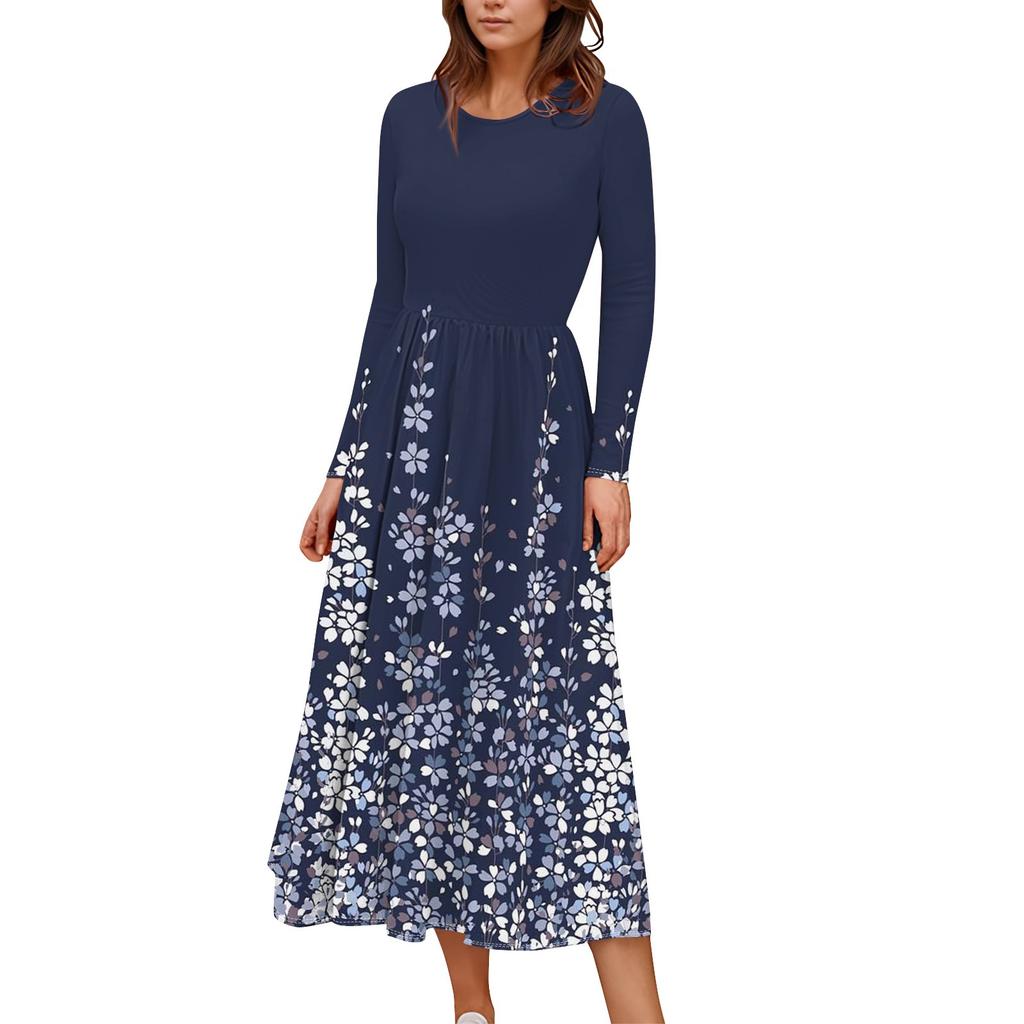Women's Floral,Gradient Print Midi Boho Dress Casual Long Sleeve Flowy Smocked Dresses With Pocket Holiday Dresses for Women