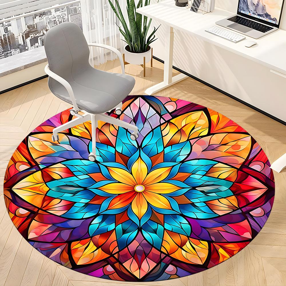 1pc Stained Glass Mandala Office Round Area Rug, Indoor Mat Suitable ForOffice, Under Office Chairs Bedroom Living Room Home Decor, Room Deco q127
