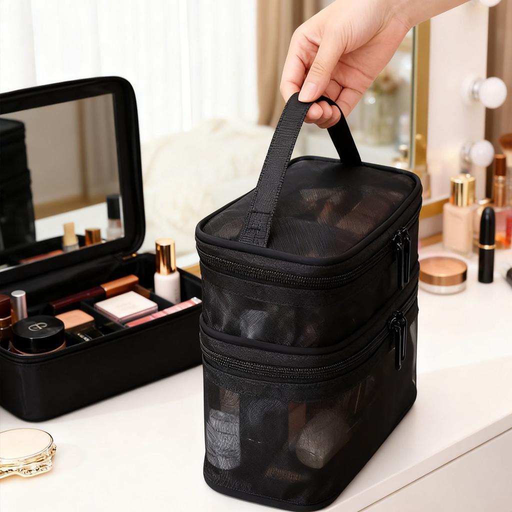 1pc-Double Layer Mesh Makeup Bag, Large Capacity Travel, Simple and Portable Toiletry Bag, Hand-held Cosmetics Storage Bag