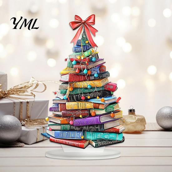 Book Lover Christmas Gifts Stacked Tree Ornament, 2D Flat Stacking Holiday Hanging Decoration, Desktop Display Reading Theme Acrylic Pendant,