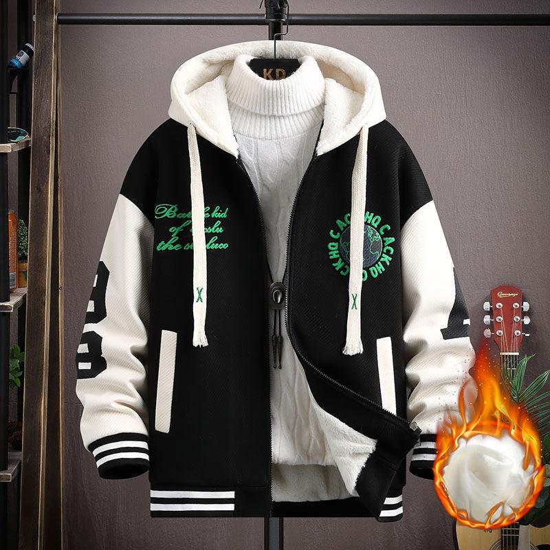 Autumn and Winter Plus Velvet Hooded Jacket Boys Big Children Warm Jacket Student Baseball Uniform