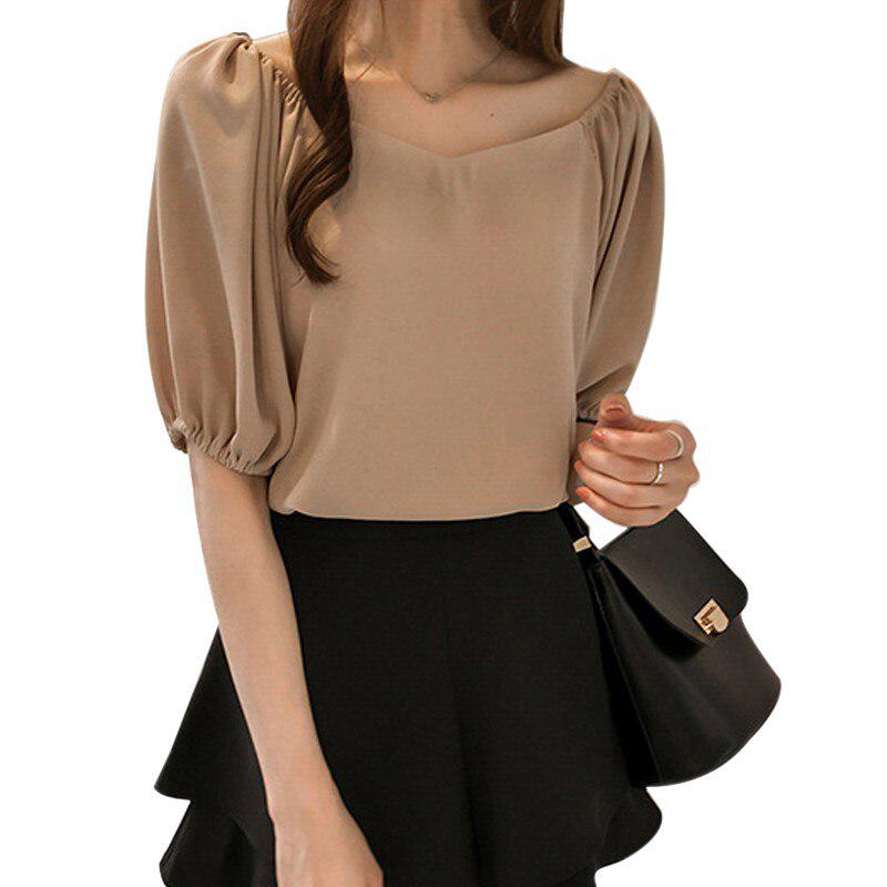 

Літні жіночі блузки Топи з V-подібним вирізом і короткими рукавами Шифонова блузка Жіночі сорочки Blusas M бежевий