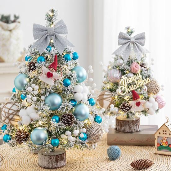 Mini Christmas Tree with LED Light Pre-lit Small Artificial Snow Flocked Tree with Ball Ornaments for Xmas Tabletop Indoor Holiday Decor