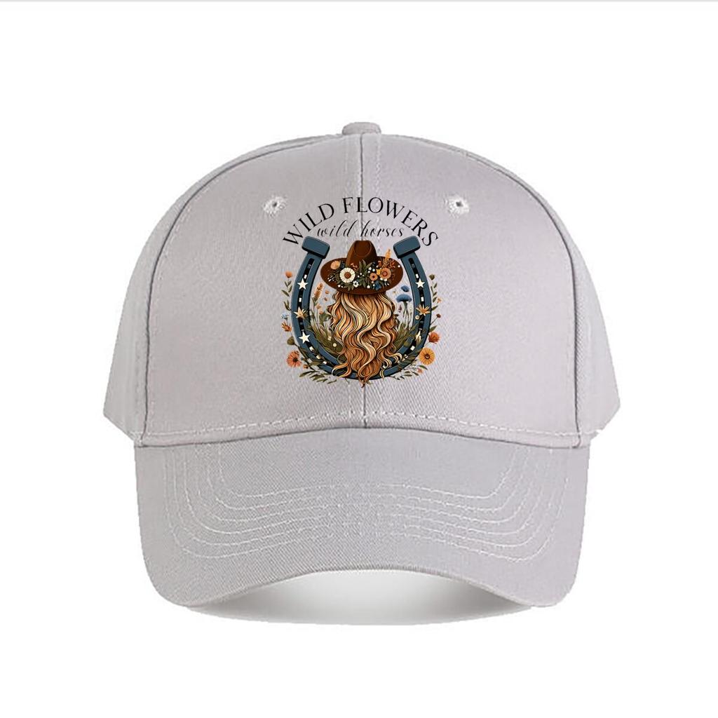 Country Western Floral Horseshoe Cowboy Hat Long Hair Graphic Baseball Cap Fashion Unisex Sunhat Womens Outdoor Sports