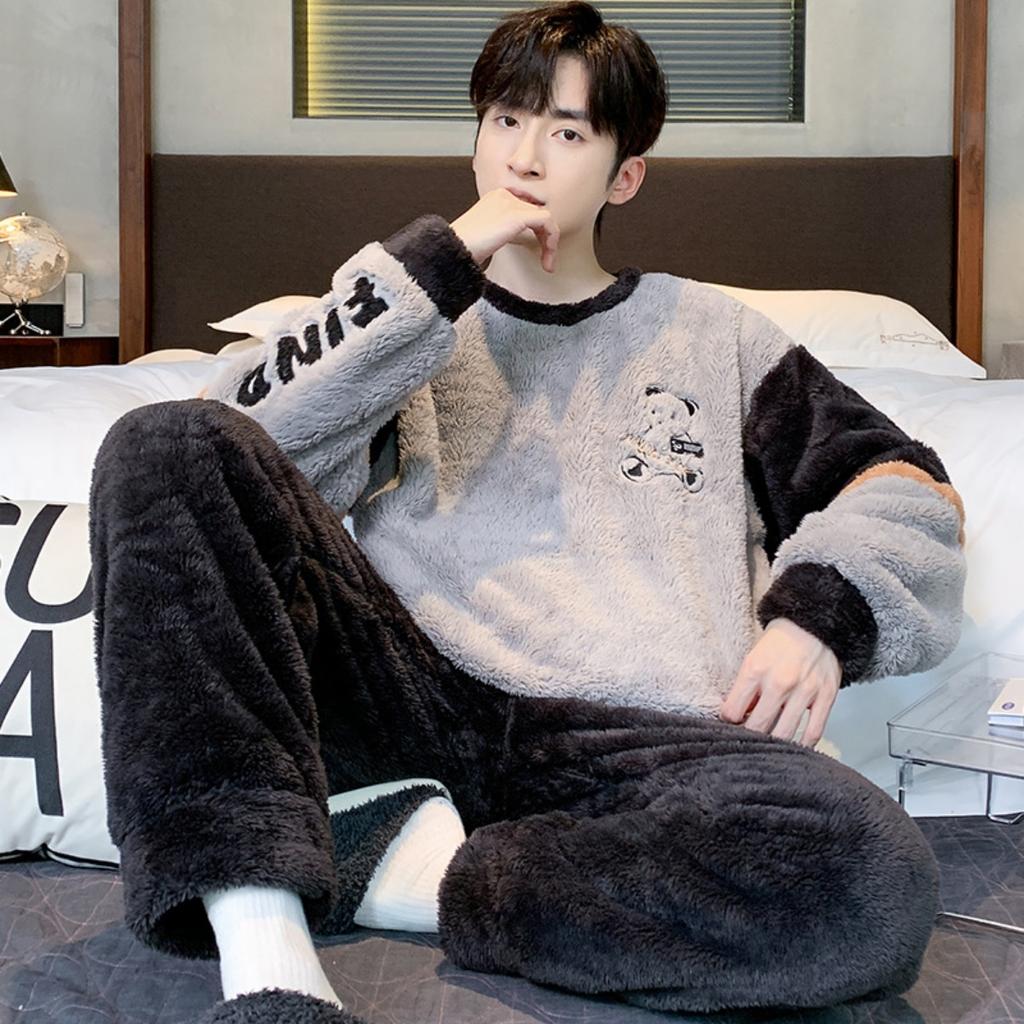 Winter, Coral Fleece, Pajamas, Men's Clothing, Thickened Fleece, Round Neck, Long Sleeved Pants, Suits, Home Clothes