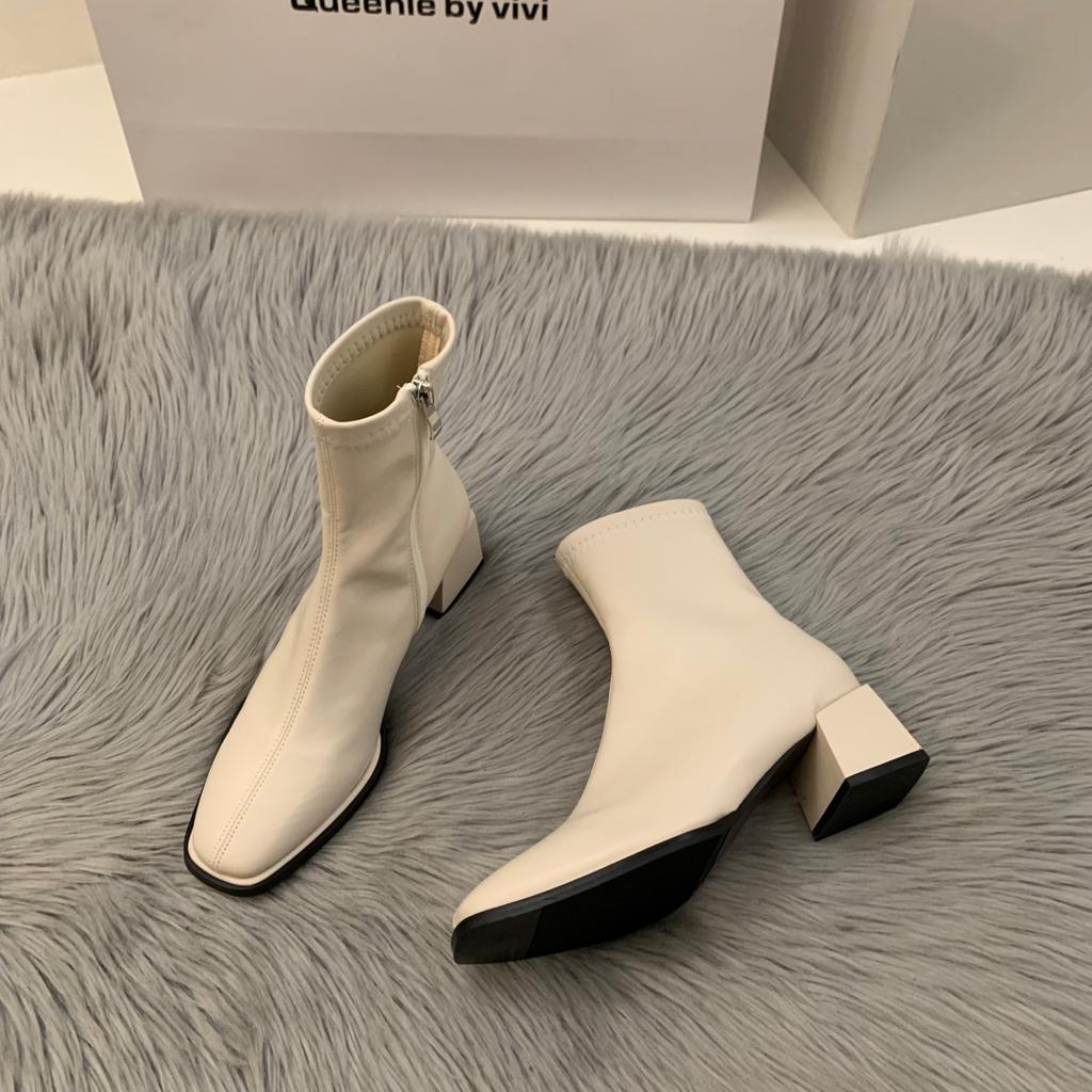 Sense High Heels White Martin Short Boots French Small Ankle Boots Spring and Summer Velvet New Thin Boots Women's Boots