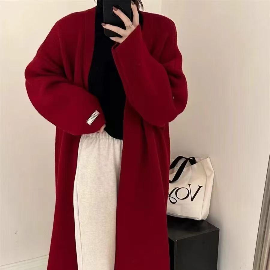 Autumn Winter Women's Korean Style Mid-Length Knitted Cardigan Outer Wear Lazy Style High-End Slimming Loose Thickened Knitted Coat