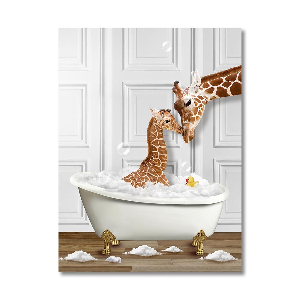 Animais Engraçados Arte de Parede Impressões de Pôster Girafa Banheira Pinguim Elefante Zebra Pintura em Tela Imagem para Quarto de Banho Quarto Decoração de Casa