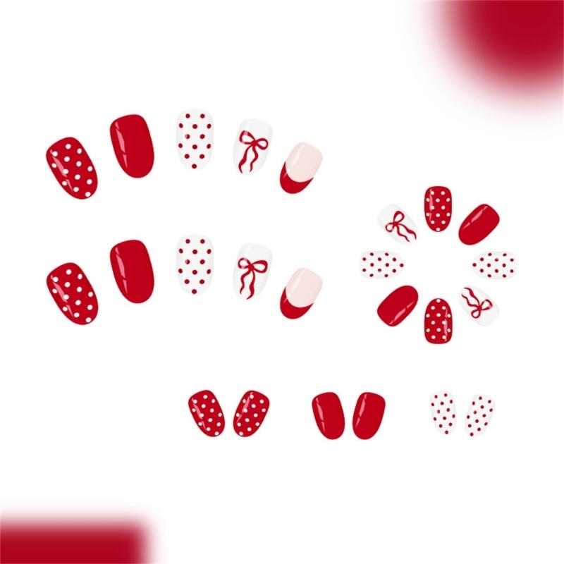 24Pcs French Manicure Fake Nail Red White Dotted Pattern Artificial Fingernails For Daily Use Special Party Wedding