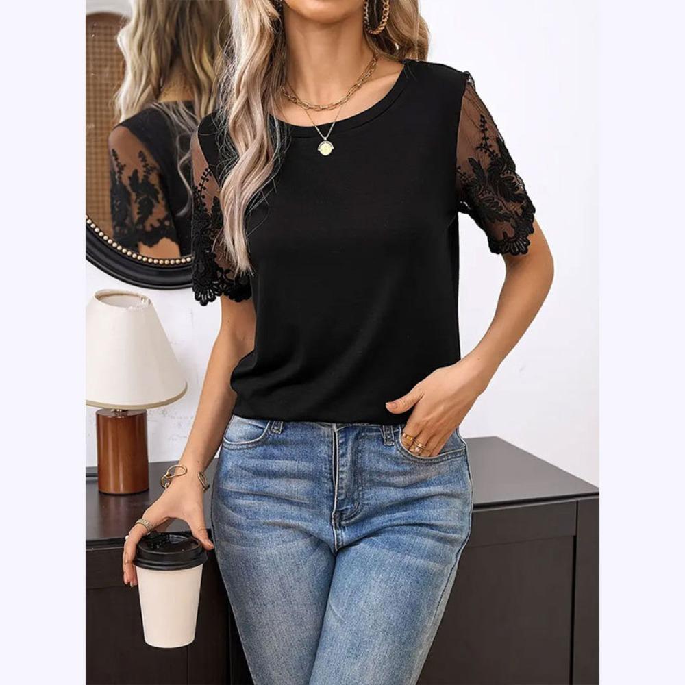 ins Women s 2024 Summer New Elegant Knitted Lace Crew Neck T-Shirt Loose Mesh Splicing Top S чёрный
