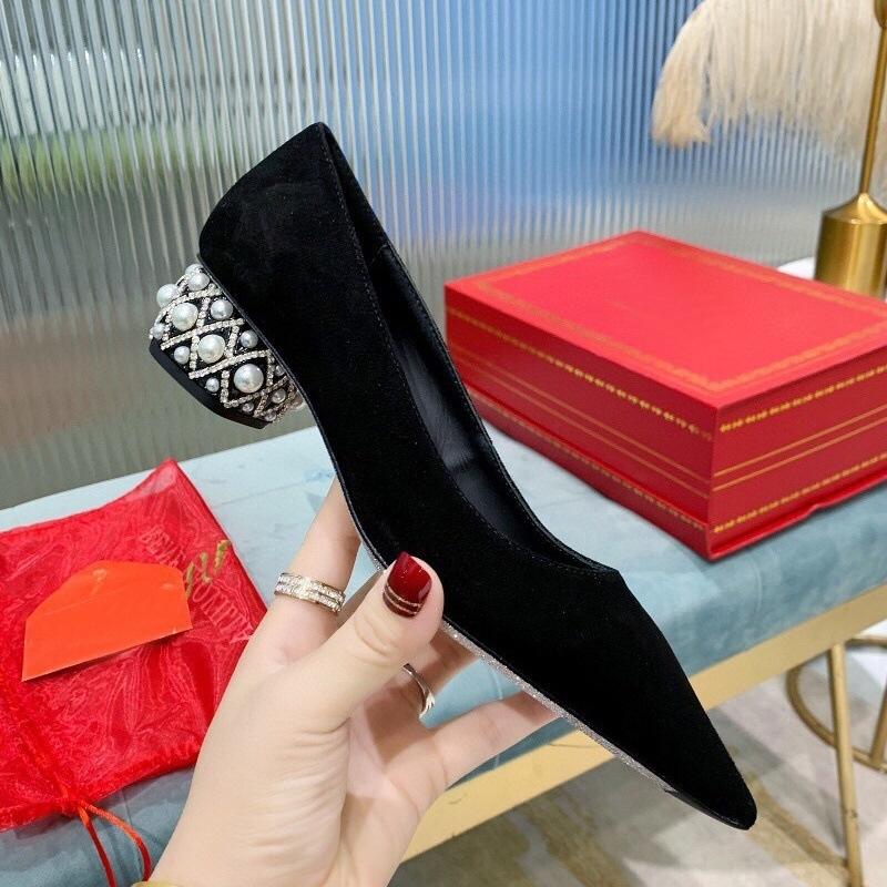 Black Rhinestone Stiletto Heels Chunky Heel Pointed Toe Work Shoes Patent Leather Suede Cowboy Blue Casual Pumps