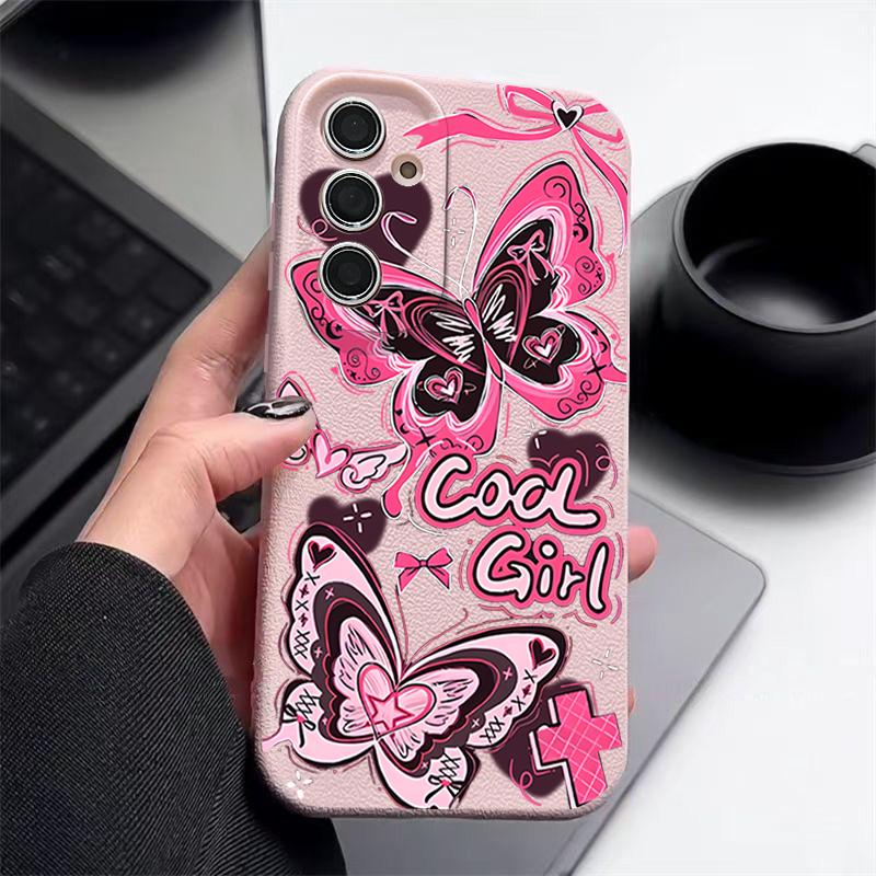Cool Girl Butterfly Painting Case For Samsung S26 S25 S24 Ultra S23 S22 S21 FE A15 A16 A17 A26 A35 A36 A37 A54 A55 A56 A57 5G Leather Texture Cover
