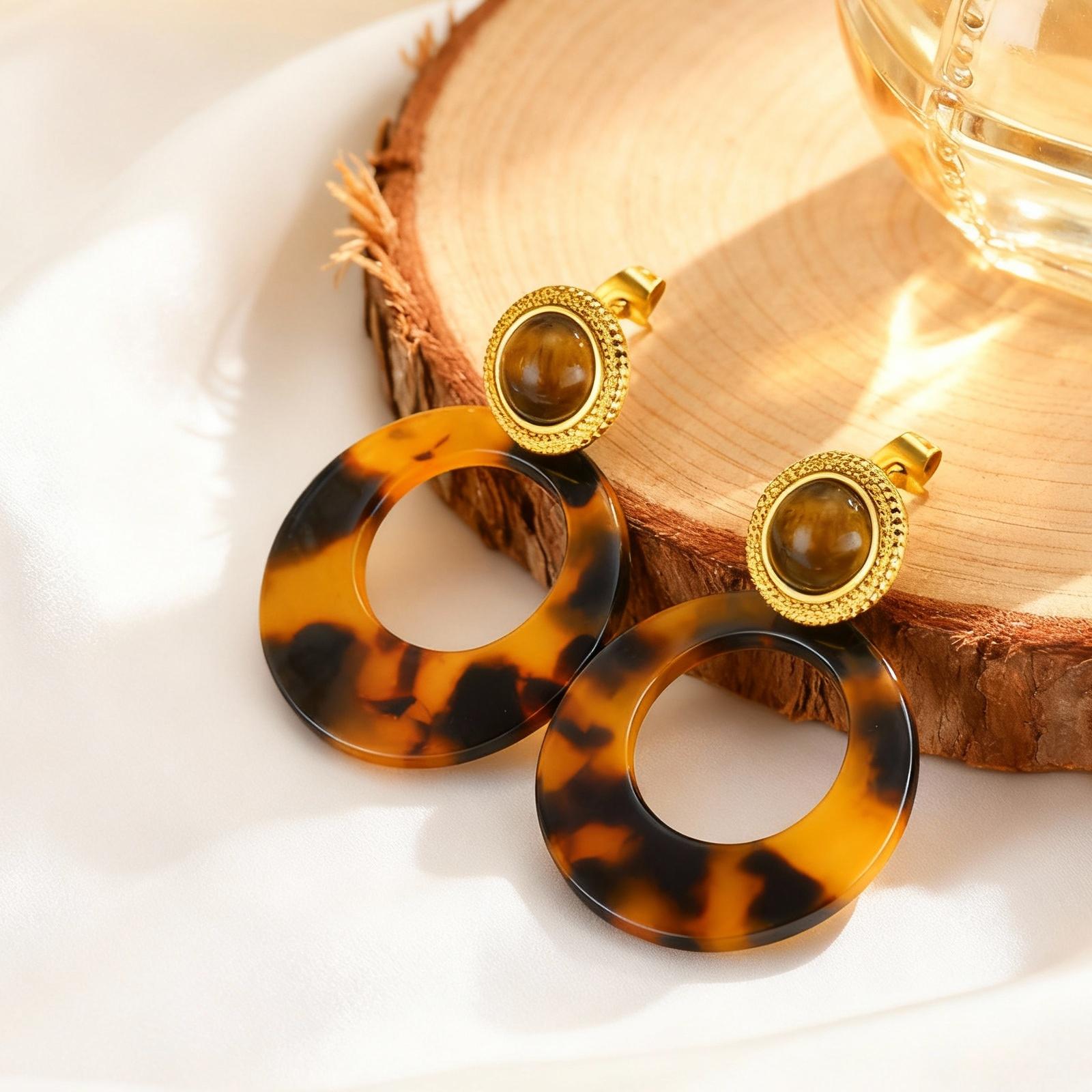 

Elegant Natural Stone Earrings for Women Stainless Steel Tiger Eye Round Earrings Opal Round Earrings Temperamental Jewelry Gift
