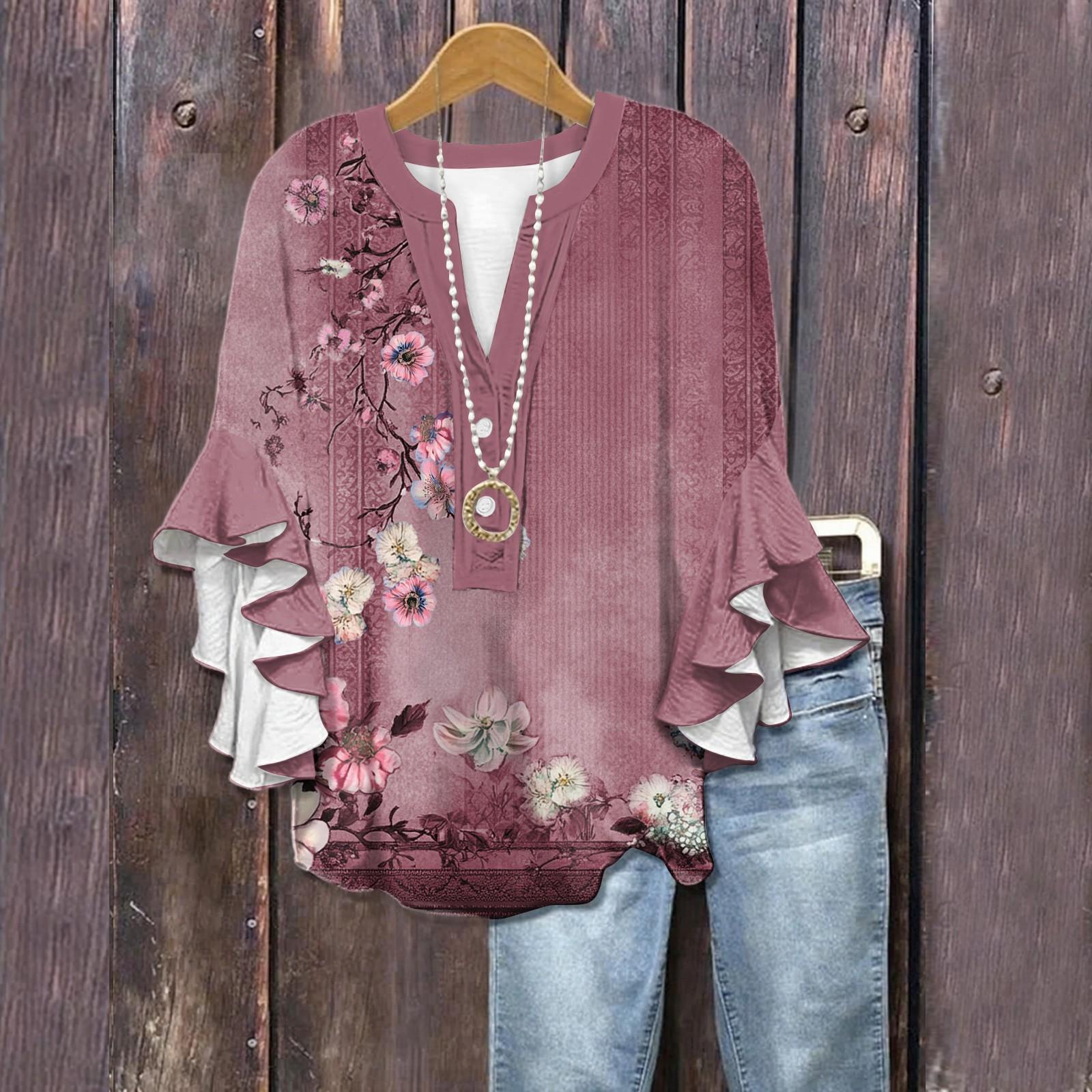 

Летние топы для женщин, симпатичные блузки с V-образным вырезом и рукавом 3/4, повседневные рубашки с цветочным принтом M