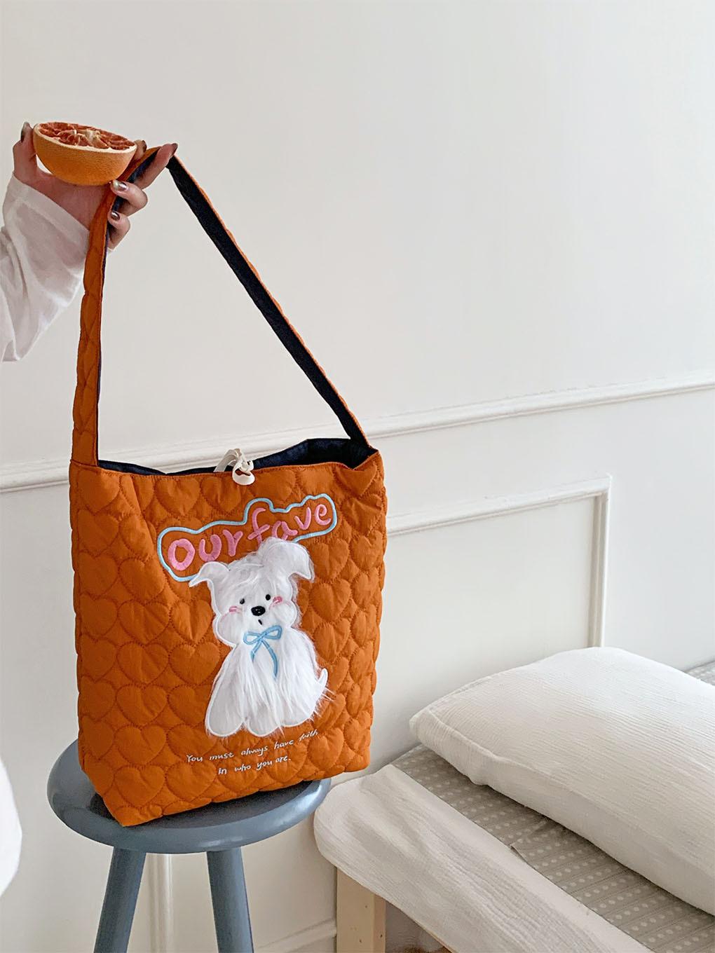 

Cute Plush Puppy Women s Shoulder Bag Double-sided Ladies Love Quilted Handbags Large Capacity Female Book Tote Shopping Bags коричневий
