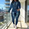 Damen 2-teilige Outfits mit Fake-Denim-Print Langarm-Oberteile Bodycon Leggings Hosen Sets Sexy Party Clubwear Trainingsanzug