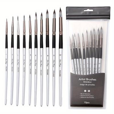 10pcs/set Fine Detail Watercolor Paint Brush Set, Round Pointed Tip, Nylon Bristles - for Acrylic, Gouache, Ink, Oil & Tempera, with Size Markers