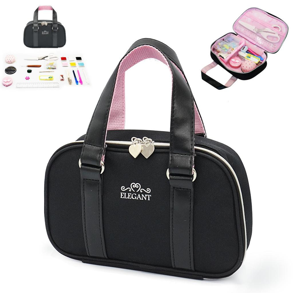 Sewing Set for Elementary School Beginners Compact and Cute Zipper Sewing Set Girls, Heart-Shaped (Black-Pink)