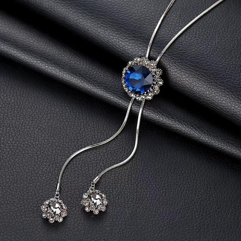 Fashion European and American Blue Crystal Sweater Chain Women's High-end Long Necklace Simple and Versatile Autumn and Winter Pendant