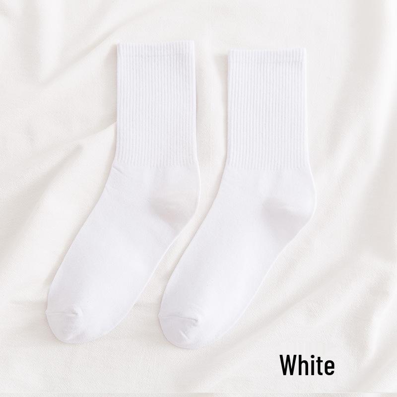 Women's Mid-Calf Cotton Socks - Solid Color, High Elasticity, Versatile Bubble Style for Autumn and Winter.