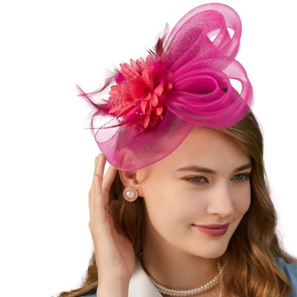 Formal Dress Small Top Hat Headband British Retro Clear Beads Bridal Mesh Ribbons Cap Luxury with Ear Clip