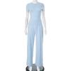 Y24ST593 Women's Casual Solid Color Round Neck Long Sleeve Top and Wide Leg Pants Set for Spring and Autumn