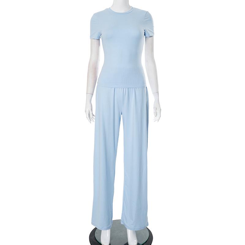 Y24ST593 Women's Casual Solid Color Round Neck Long Sleeve Top and Wide Leg Pants Set for Spring and Autumn