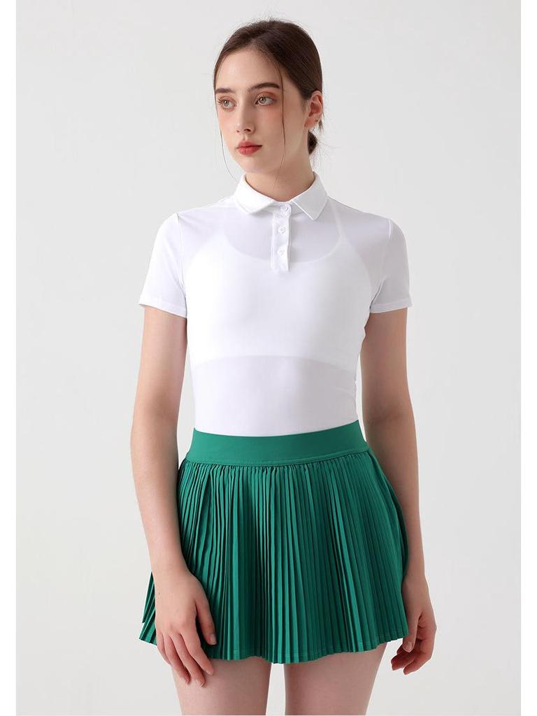 Damen Tennisrock mit hohem Bund: Fake zweiteiliger plissierter Sport-Skort mit integrierten Shorts.